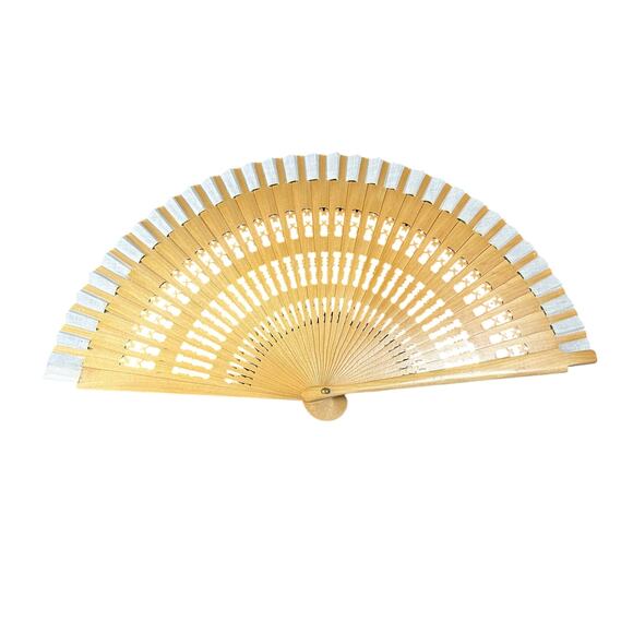 Wooden Light Tan- vintage hand fan white fabric detail- 16 inches extended - Picture 3 of 5
